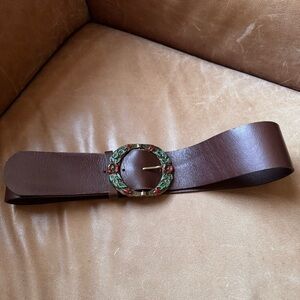 Nanette Lepore Brown Leather Belt w Floral Buckle wide Y2K whimsy fairy 2000s